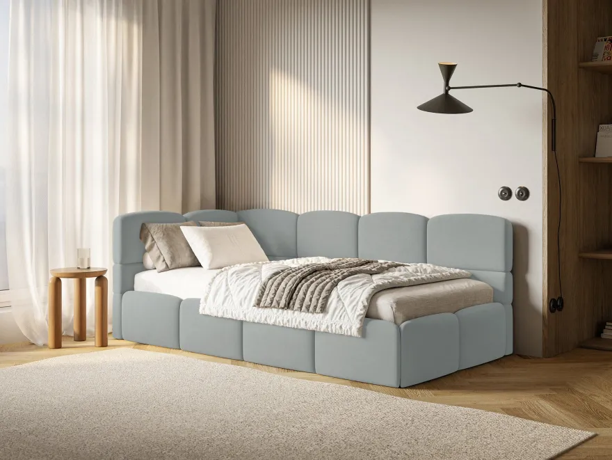 Selsey Cloudy - Jugendbett 120 cm, Bettkasten, Velours wasserabweisend, Kopfteil link