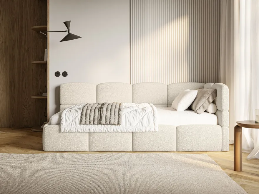 Selsey Cloudy - Jugendbett 120 cm, Bettkasten, Bouclé, Kopfteil rechts, Hellbeige