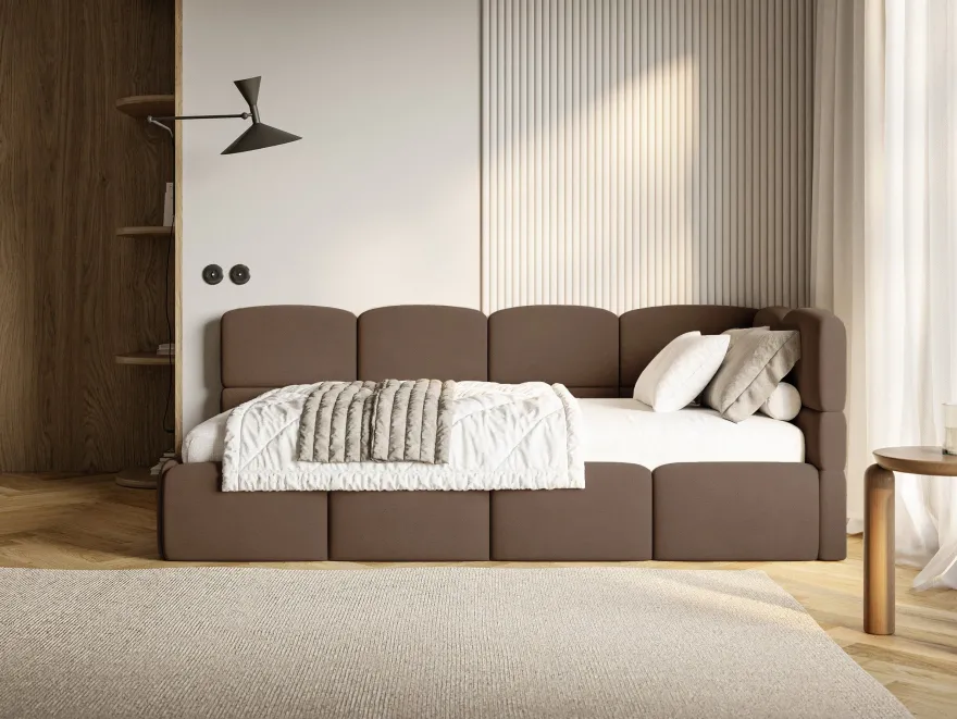 Selsey Cloudy - Jugendbett 120 cm, Bettkasten, Velours wasserabweisend, Kopfteil rech
