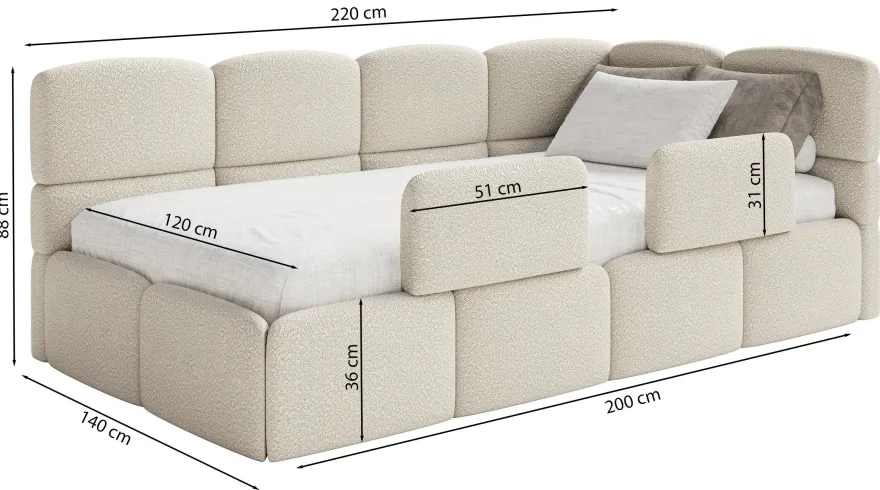 Selsey Cloudy - Kinderbett 120x200, Kopfteil links, Matratze & Bettkasten, Chenille H