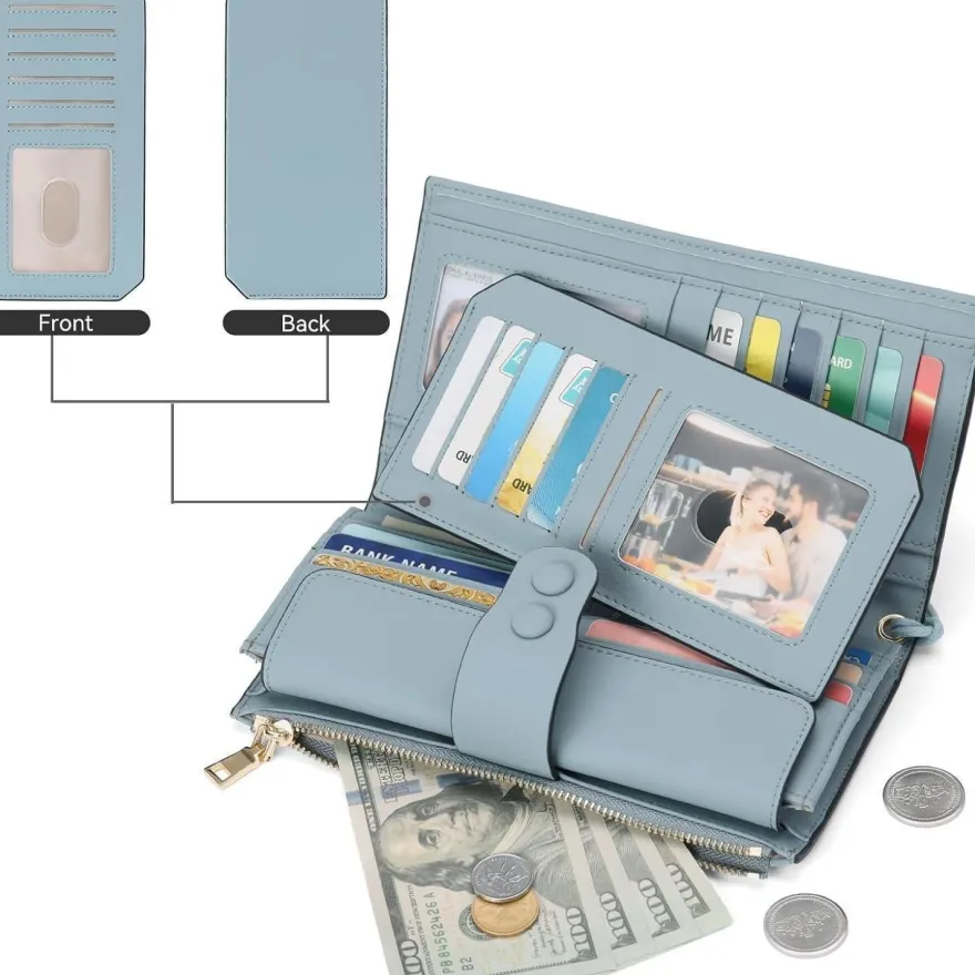 Sendefn Großes Damen Portemonnaie aus Leder mit RFID-Schutz, vielen Fächern und