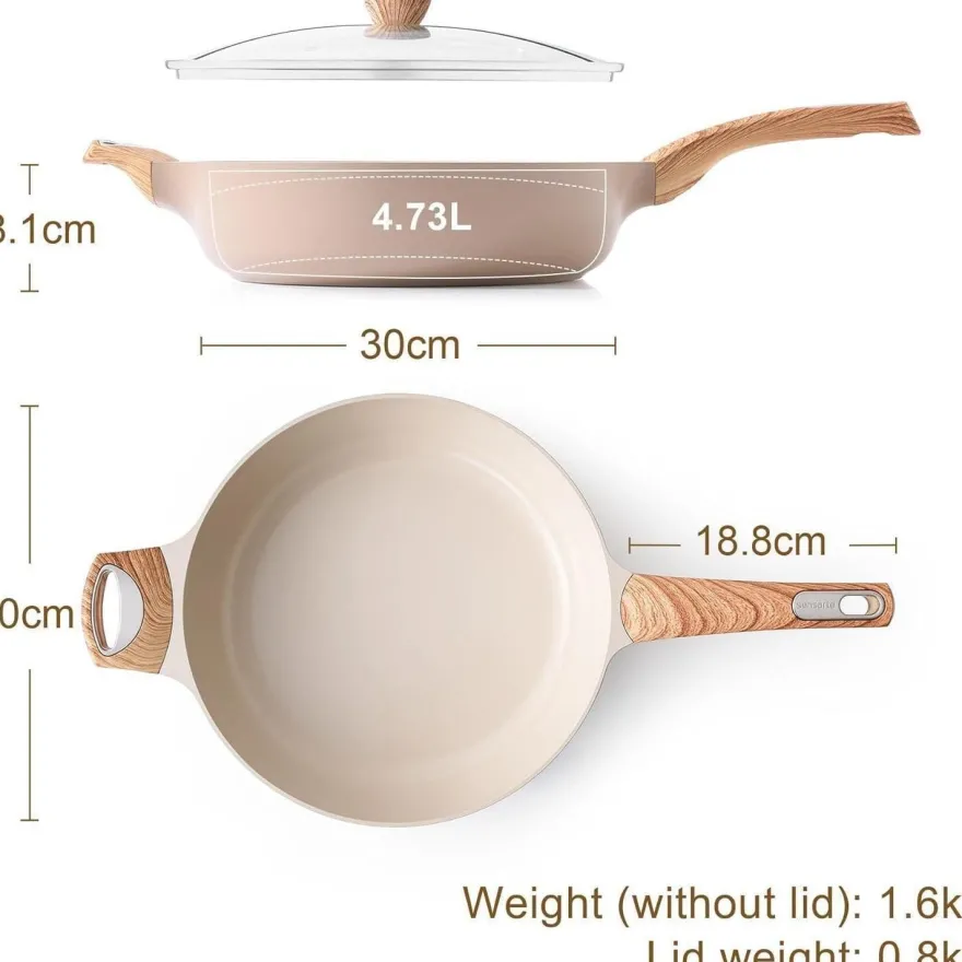 Sensarte 30cm Tiefe Keramik Bratpfanne mit Deckel, 4.7L Antihaft Kochpfanne