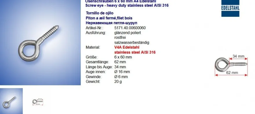 Ösenschrauben Augbolzen Augenschrauben A4 Edelstahl V4A Niro poliert rostfrei
