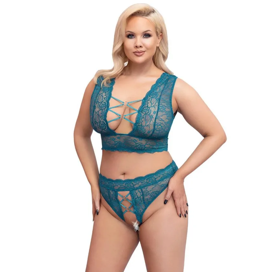Sexy Soft BH Set XL - 4XL weiche Spitze + String Schritt offen + Dessous
