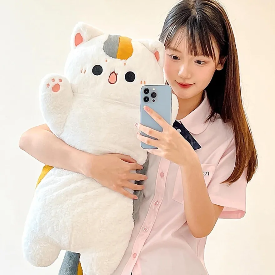 shownicer Plüschtier Katze Fisch 2 in 1 Kuschelkissen Kawaii Stofftier, 60 cm