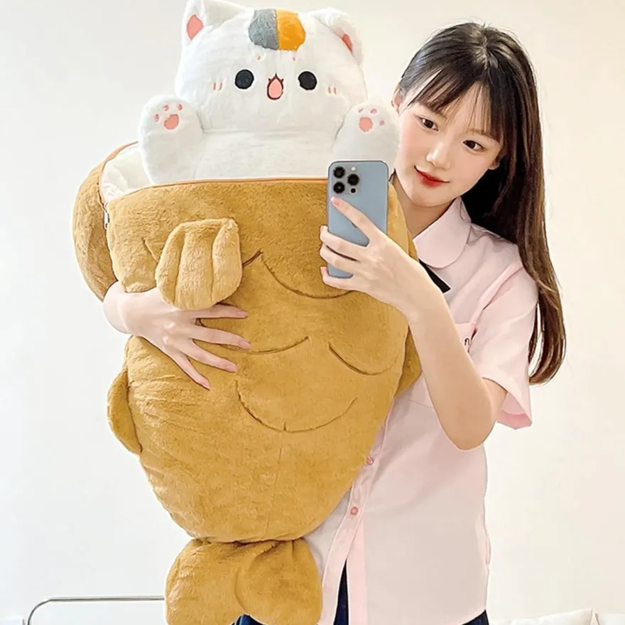 shownicer Plüschtier Katze Fisch 2 in 1 Kuschelkissen Kawaii Stofftier, 60 cm