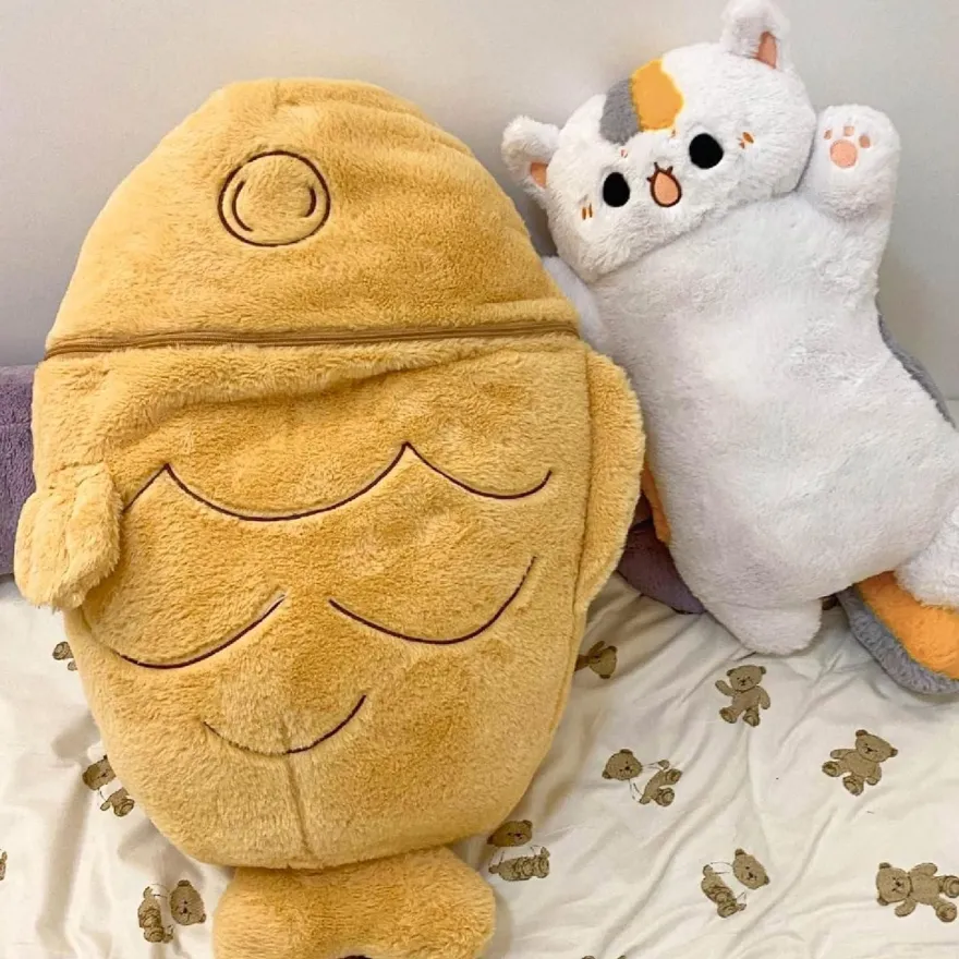 shownicer Plüschtier Katze Fisch 2 in 1 Kuschelkissen Kawaii Stofftier, 60 cm