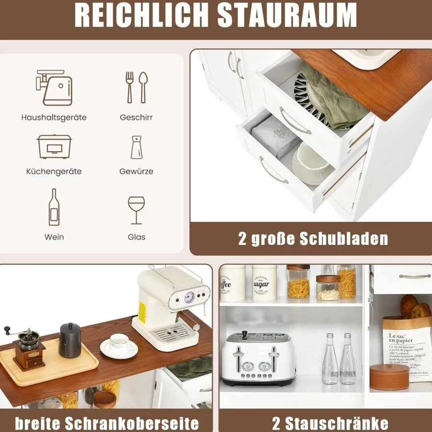 Sideboard Küchenschrank Weiß, Kücheninsel mit Arbeitsplatte 100×40cm Buffetschrank
