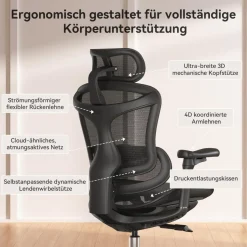 SIHOO Ergonomischer Bürostuhl C300 mit 3D-Armlehnen & Lordosenstütze, Schwarz