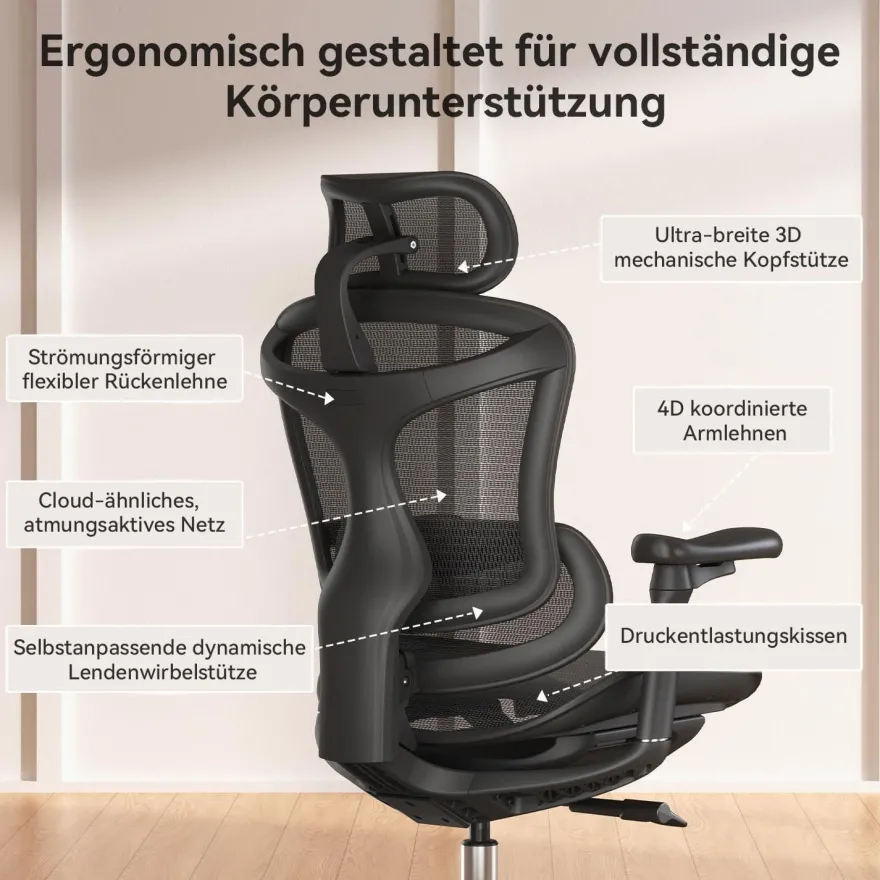 SIHOO Ergonomischer Bürostuhl C300 mit 3D-Armlehnen & Lordosenstütze, Schwarz