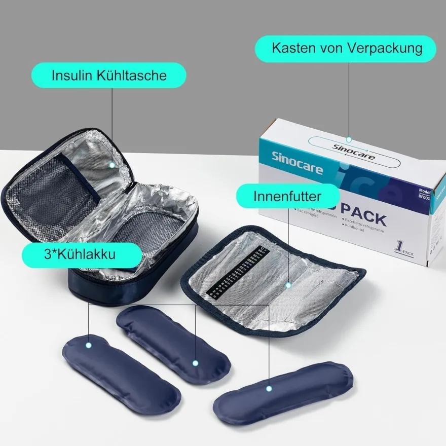 Sinocare Insulin Kühltasche mit 3 Kühlakkus - Medikamenten- und