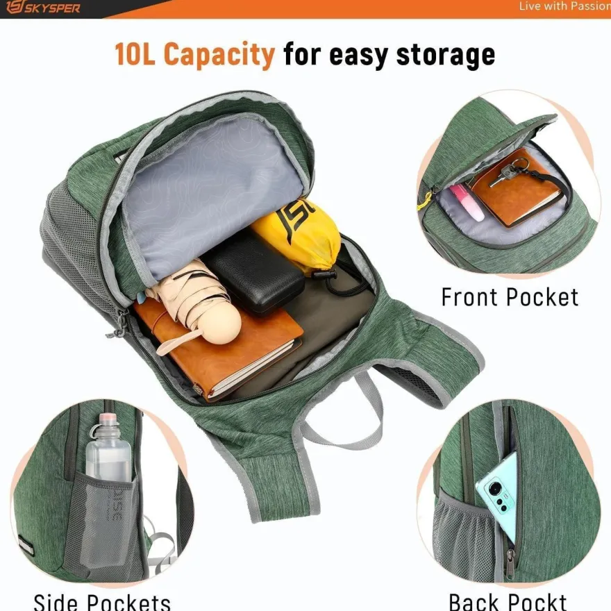 Skysper Faltbarer Rucksack 10L Ultraleicht Tagesrucksack mit Reflexstreifen für