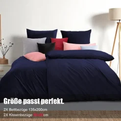 Soifox Bettwäsche 4-teilig 135x200 cm Marineblau, Mikrofaser, bügelfrei