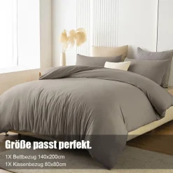 Soifox Bettwäsche 140x200 cm Taupe - Bügelfreie Mikrofaser Bettgarnitur mit