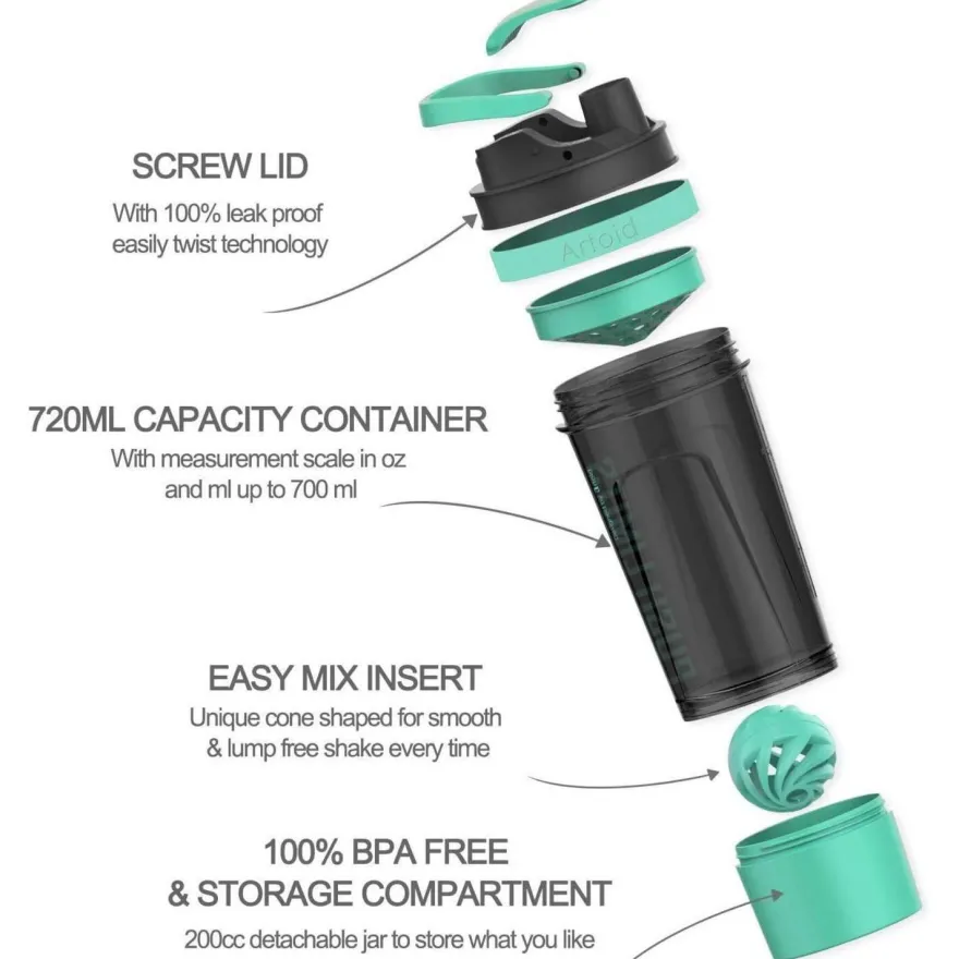 Sportmixer Shaker 720ml mit Sieb Spiralkugel Aufbewahrungsbox Aquagrün
