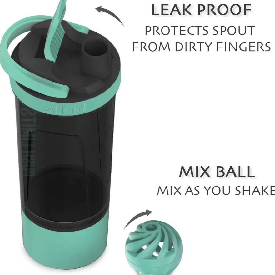 Sportmixer Shaker 720ml mit Sieb Spiralkugel Aufbewahrungsbox Aquagrün