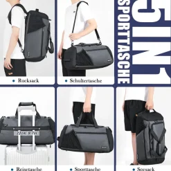 Sporttasche Herren 45L Groß Rucksack Schuhfach Nassfach Wasserdicht Grau