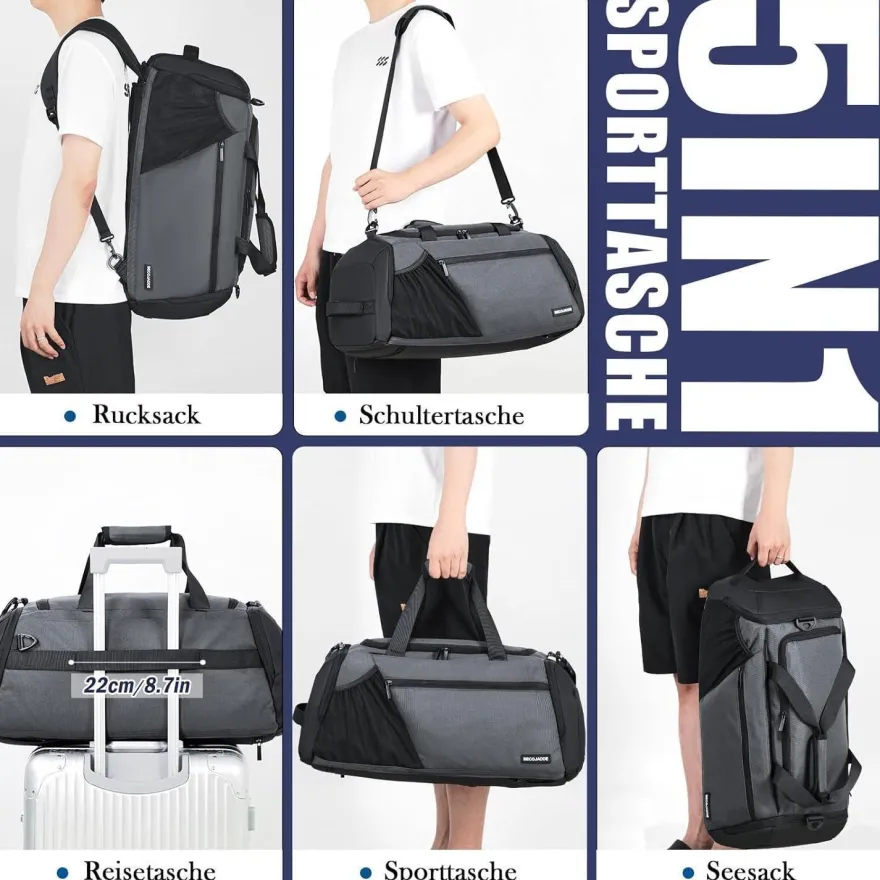 Sporttasche Herren 45L Groß Rucksack Schuhfach Nassfach Wasserdicht Grau