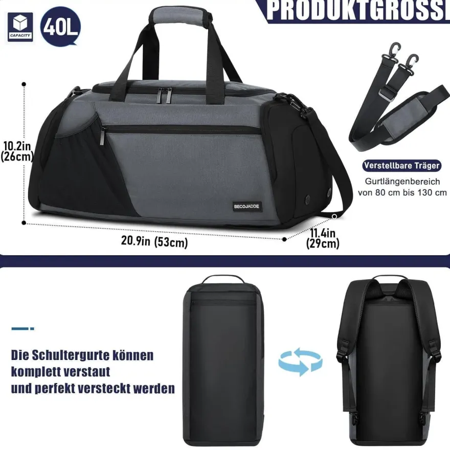Sporttasche Herren 45L Groß Rucksack Schuhfach Nassfach Wasserdicht Grau
