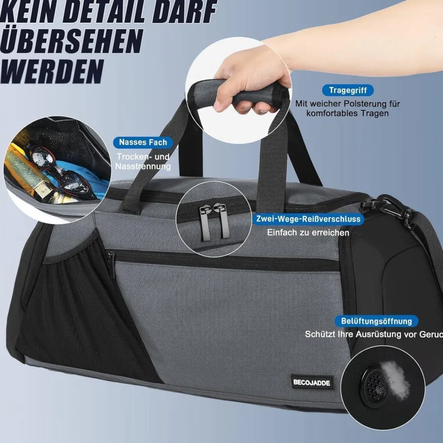 Sporttasche Herren 45L Groß Rucksack Schuhfach Nassfach Wasserdicht Grau
