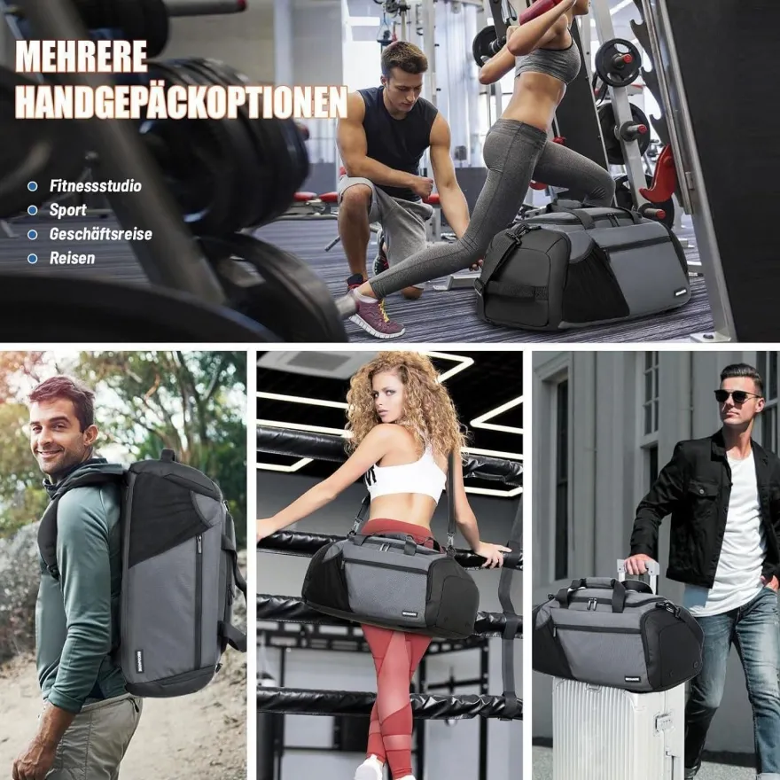 Sporttasche Herren 45L Groß Rucksack Schuhfach Nassfach Wasserdicht Grau