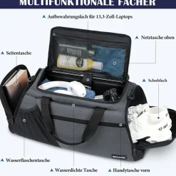 Sporttasche Herren 45L Groß Rucksack Schuhfach Nassfach Wasserdicht Grau