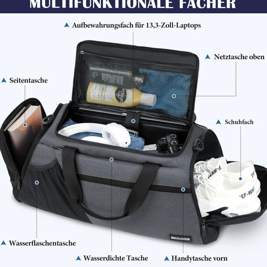 Sporttasche Herren 45L Groß Rucksack Schuhfach Nassfach Wasserdicht Grau