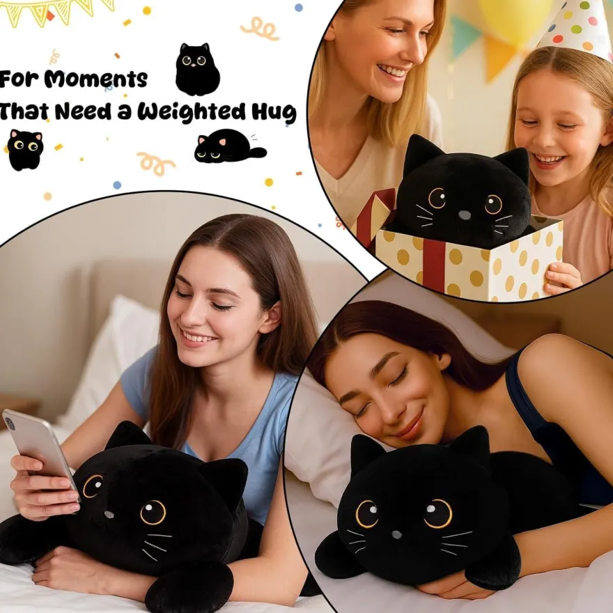 SQEQE Gewichtetes Katze Kuscheltier, Schwarze Katze Plüschtier mit Gewicht