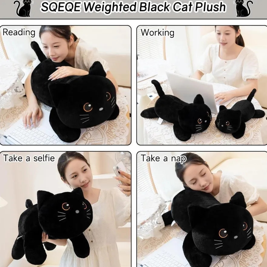 SQEQE Gewichtetes Katze Kuscheltier, Schwarze Katze Plüschtier mit Gewicht