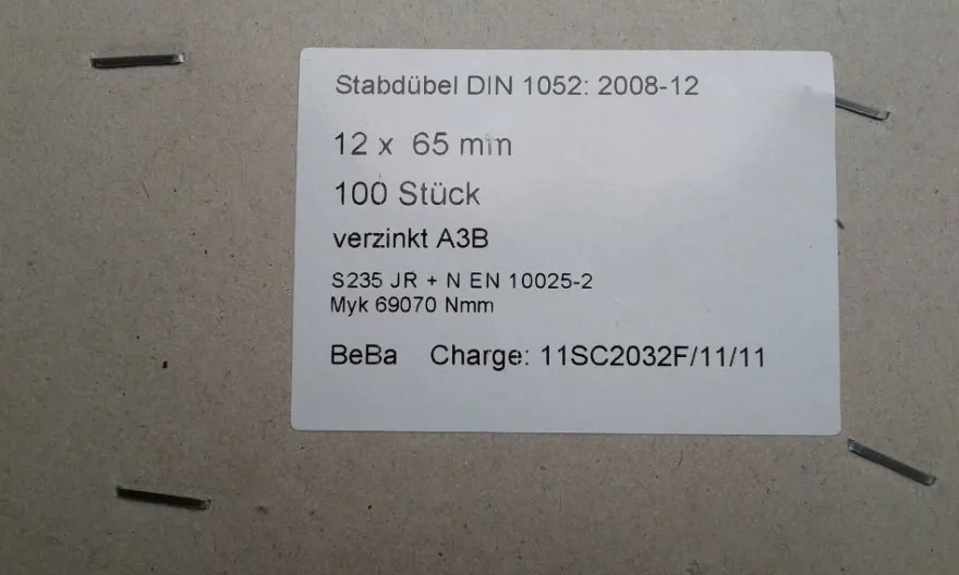 Stabdübel 12x65 DIN 1052 verzinkt A3B beidseitig angefast 50 Stk