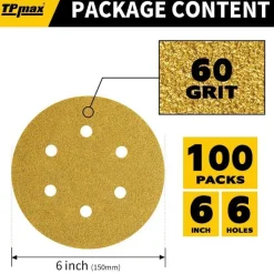 100 Stück 150mm 6 Loch Schleifscheiben Klett 60 Körnung Premium Gold für