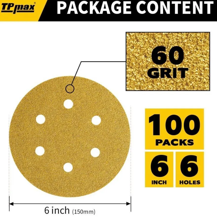 100 Stück 150mm 6 Loch Schleifscheiben Klett 60 Körnung Premium Gold für