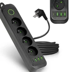 Steckdosenleiste Schwarz 4 Steckdosen 3m Verlängerungskabel mit 4xUSB Schalter Erdung