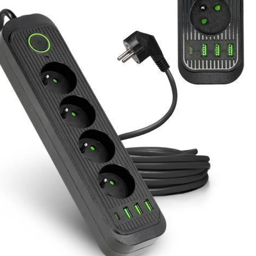 Steckdosenleiste Schwarz 4 Steckdosen 3m Verlängerungskabel mit 4xUSB Schalter Erdung