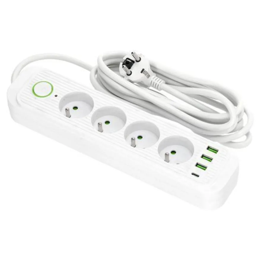 Steckdosenleiste Weiß 4 Steckdosen 3m Verlängerungskabel 4xUSB Schalter und Erdung