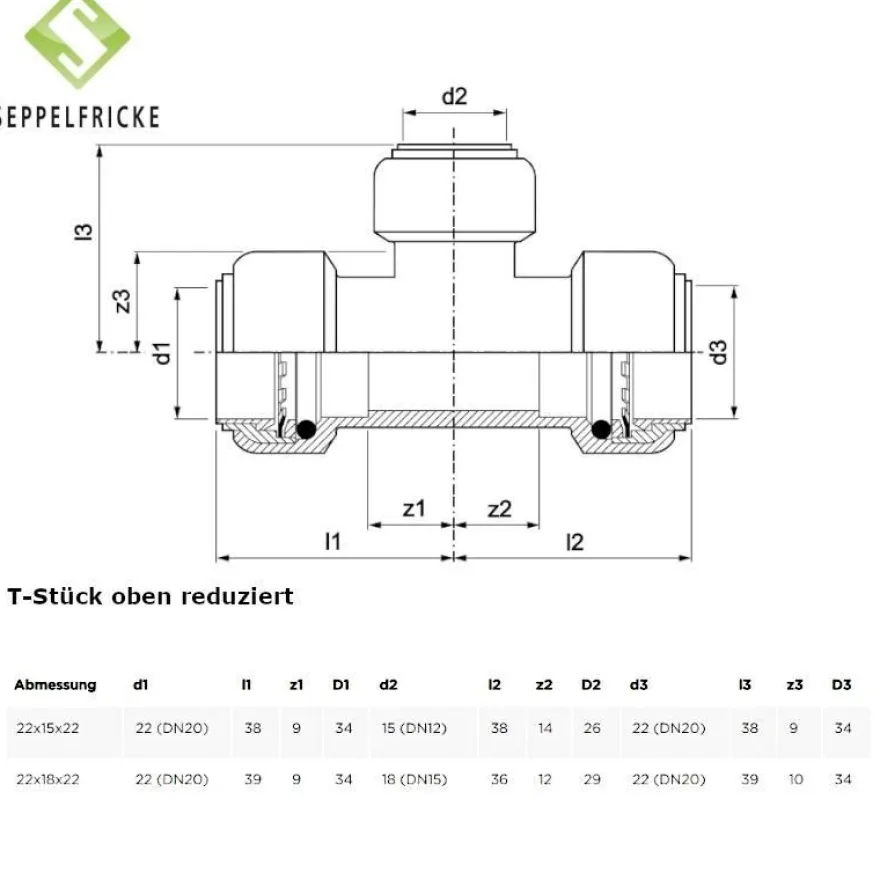 Steckfitting Messing T-Stück, 15-22mm, gleich oder reduziert, Tectite T130