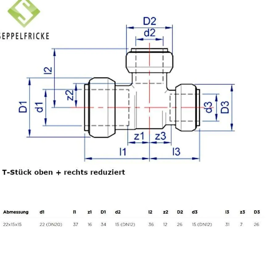 Steckfitting Messing T-Stück, 15-22mm, gleich oder reduziert, Tectite T130