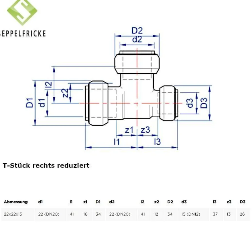 Steckfitting Messing T-Stück, 15-22mm, gleich oder reduziert, Tectite T130