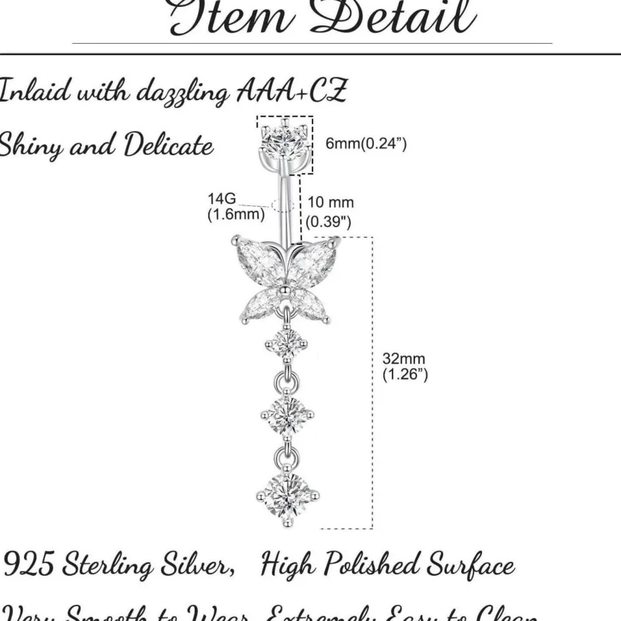 925 Sterling Silber Bauchnabelpiercing 10mm mit Anhänger Piercing 14G