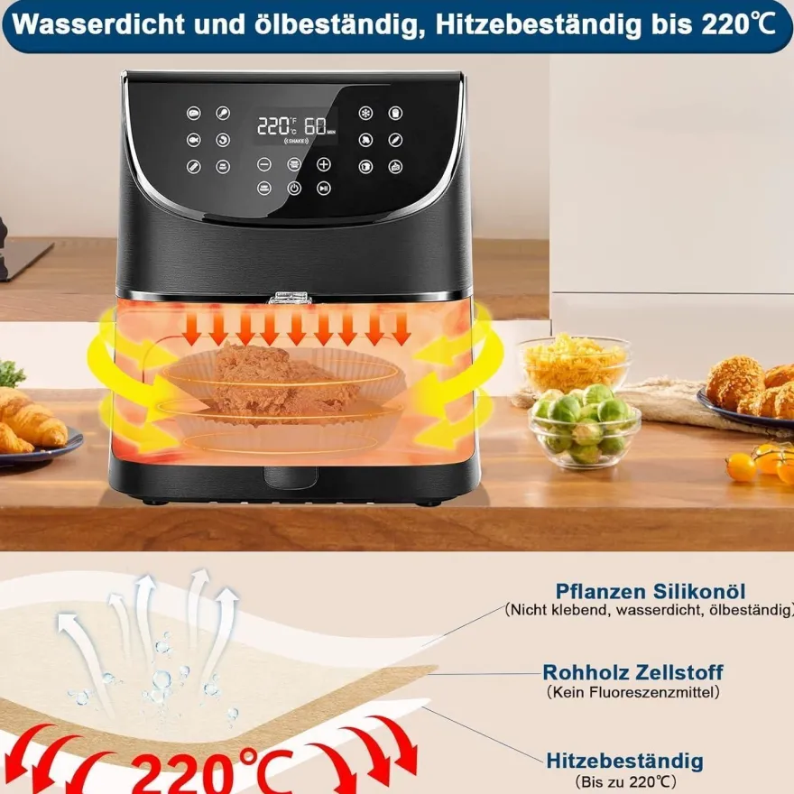 Stone TH 200 Stück Backpapier für Heißluftfritteuse 4,5L-8L, Airfryer