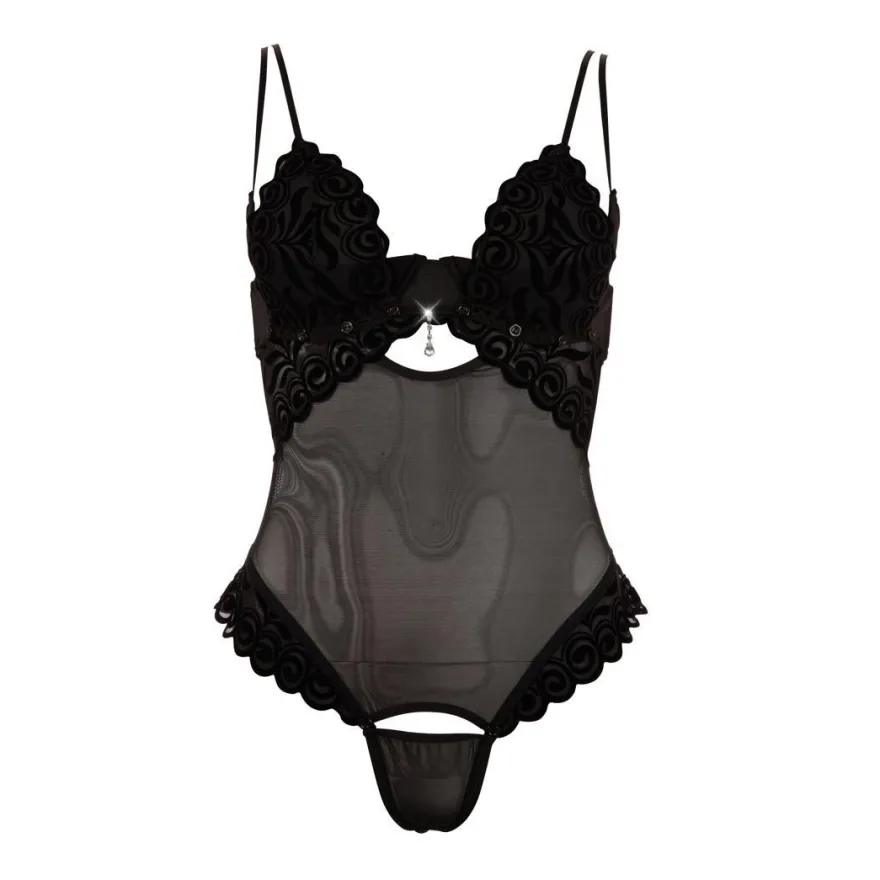 String-Body Flockprint Strass BH-Hebe schwarz Reizwäsche dessous