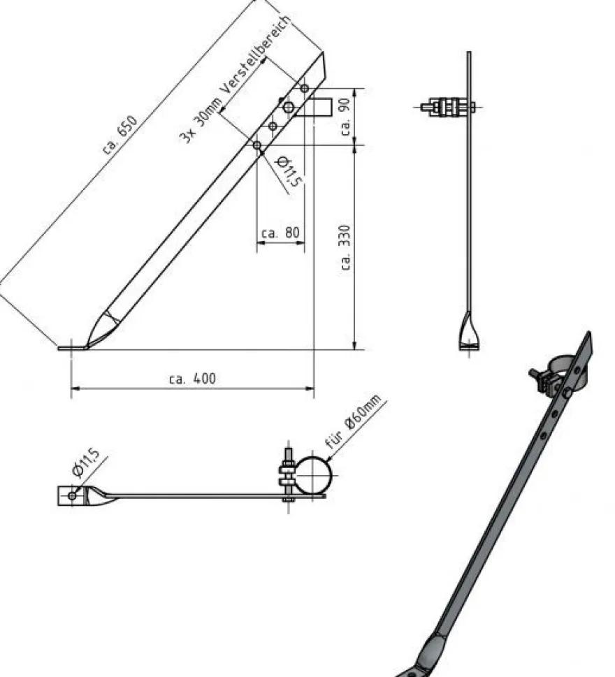 Stützradstrebe, 650 mm lang, für Ø 60 mm Stützrad