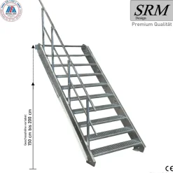 10 Stufen Stahltreppe STATIK Breite 60 - 120 cm, Geschosshöhe 150 - 200 cm