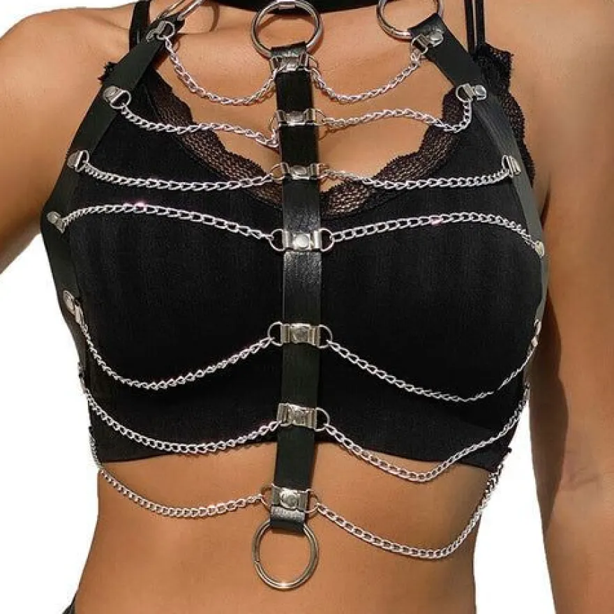 Subblime BDSM Mode Dessous Reizwäsche Brustharness Lederketten Schwarz Einheitsgrösse