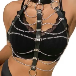 Subblime BDSM Mode Dessous Reizwäsche Brustharness Lederketten Schwarz Einheitsgrösse