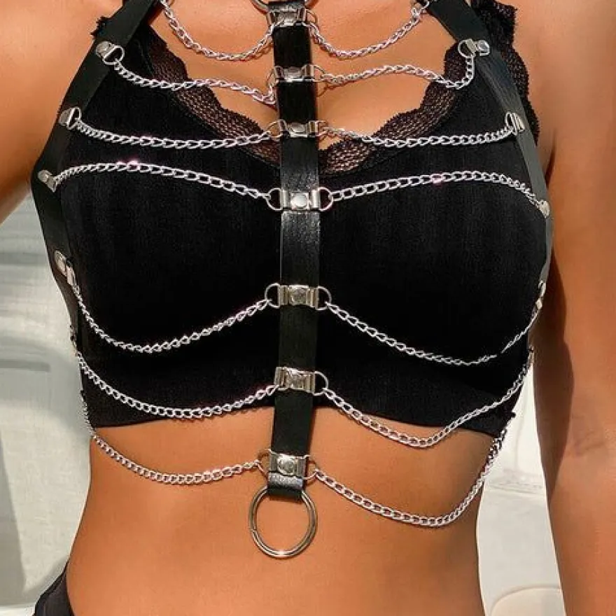 Subblime BDSM Mode Dessous Reizwäsche Brustharness Lederketten Schwarz Einheitsgrösse