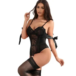 Subblime Spitzen-Bodysuit mit Strumpfhaltern und offenem Schritt S/M Schwarz