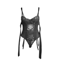 Subblime Spitzen-Bodysuit mit Strumpfhaltern und offenem Schritt S/M Schwarz