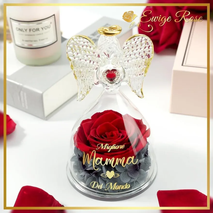 Sunia Beste Mama Geschenke Engel Figur Ewige Rose in Glaskuppel