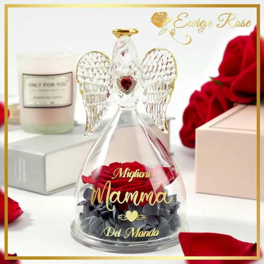 Sunia Beste Mama Geschenke Engel Figur Ewige Rose in Glaskuppel